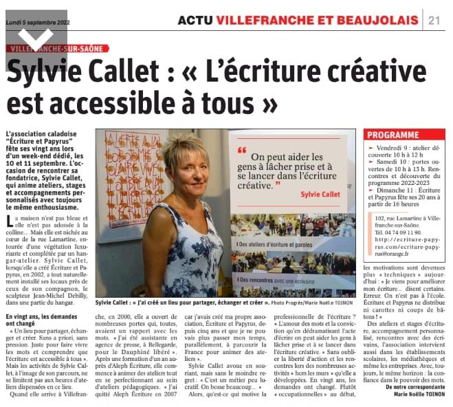 Article de presse Le Progrès Sylvie Callet Ecriture & Papyrus 2022